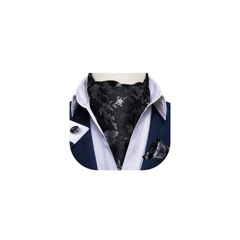 DiBanGu Black Ascot Ties for Men Cravat Tie and Pocket Square Set Jacquard Silk Ascot Paisley Cravat for Men - Image 1